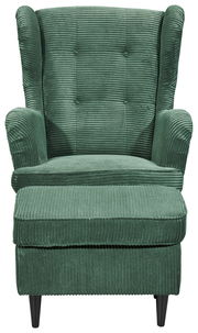 Grüner Sessel mit Hocker aus geripptem Stoff, Vorderansicht