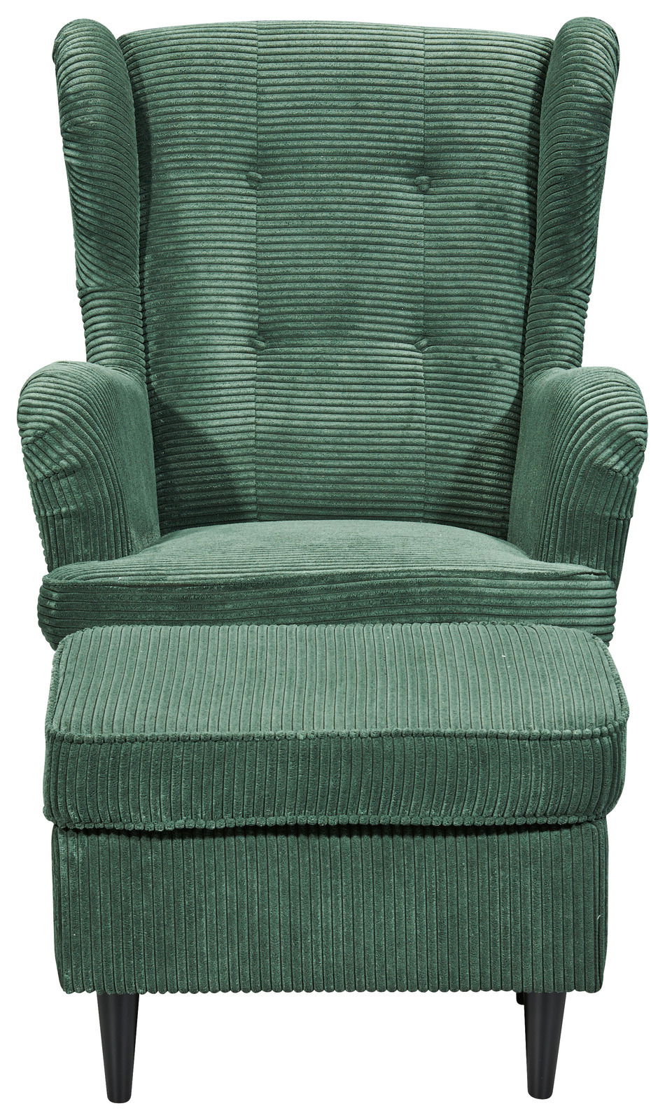 Grüner Sessel mit Hocker aus geripptem Stoff, Vorderansicht