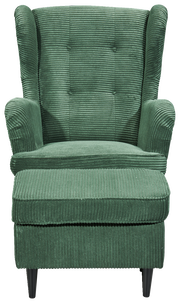 Grüner Sessel mit Hocker aus geripptem Stoff, Vorderansicht