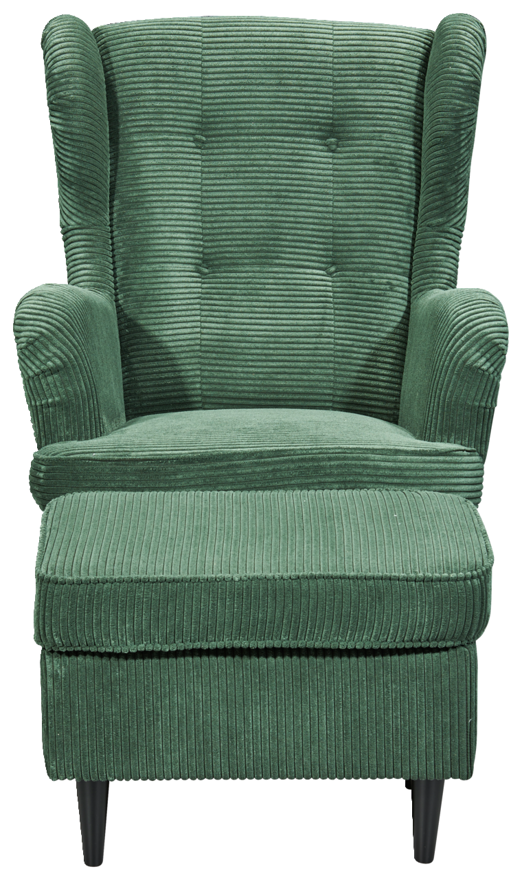 Grüner Sessel mit Hocker aus geripptem Stoff, Vorderansicht