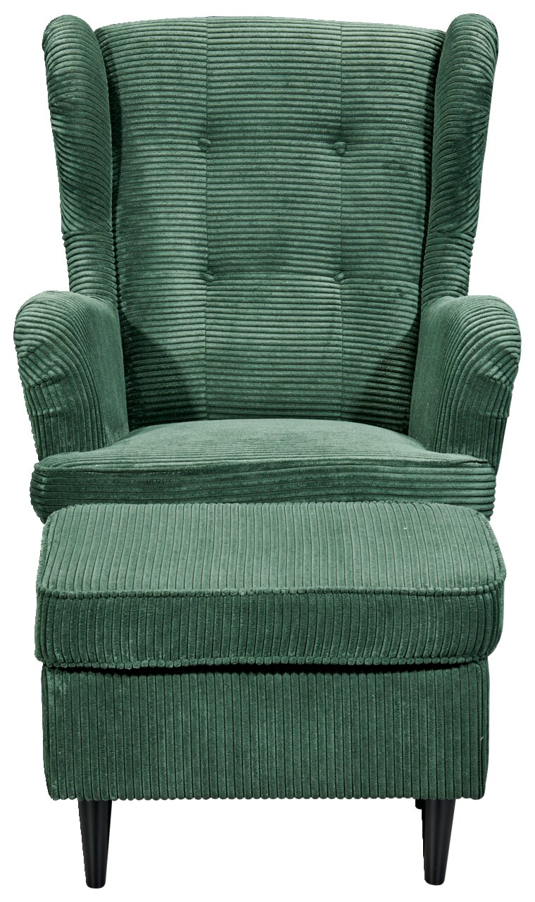 Grüner Sessel mit Hocker aus geripptem Stoff, Vorderansicht