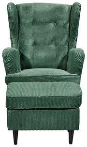 Grüner Sessel mit Hocker aus geripptem Stoff, Vorderansicht