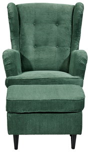 Grüner Sessel mit Hocker aus geripptem Stoff, Vorderansicht