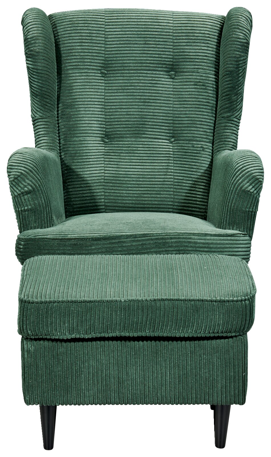 Groene fauteuil met bijzetkruk van geribbelde stof, vooraanzicht