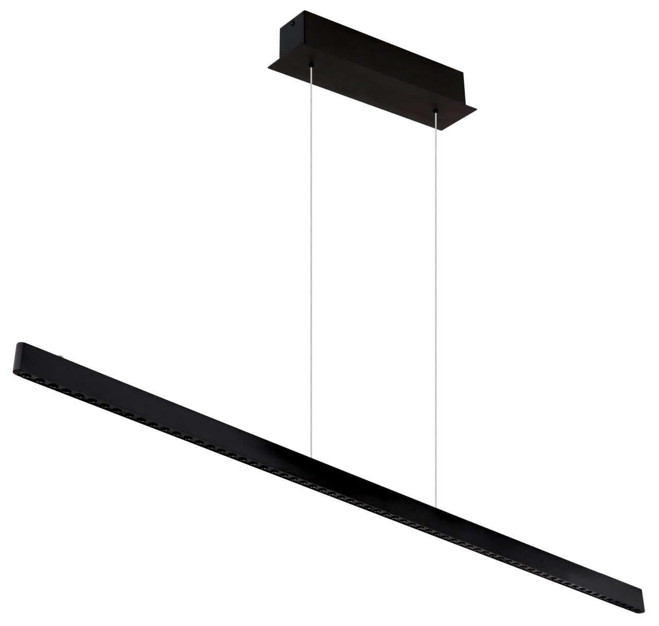 Moderne schwarze Hängeleuchte in seitlicher Perspektive, minimalistisch und elegant.