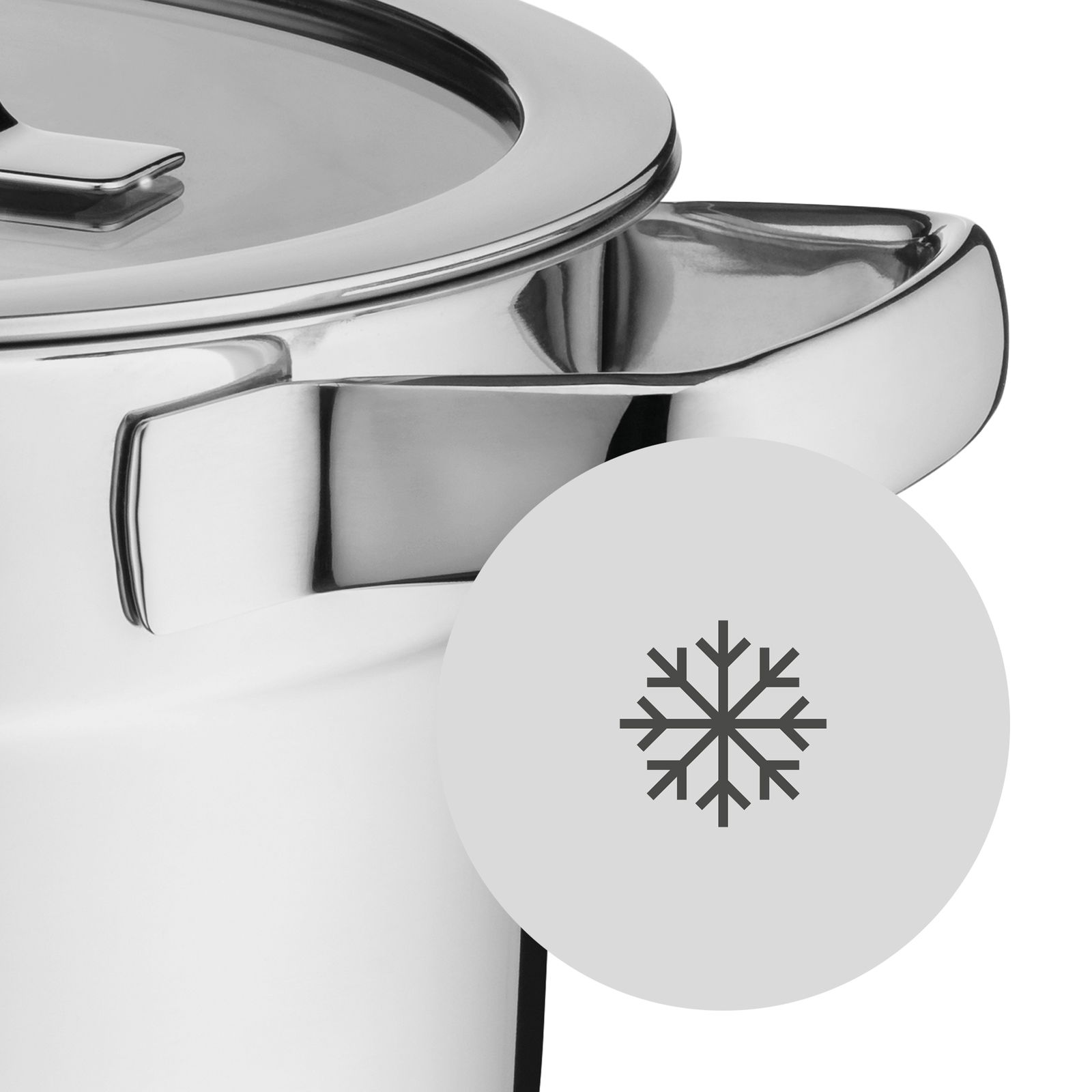 Nahaufnahme eines Topfes aus Edelstahl mit Deckel und Griff, seitliche Perspektive, mit einem Schneeflockensymbol im Vordergrund.