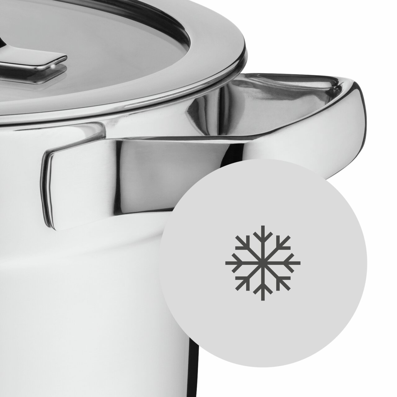 Nahaufnahme eines Topfes aus Edelstahl mit Deckel und Griff, seitliche Perspektive, mit einem Schneeflockensymbol im Vordergrund.