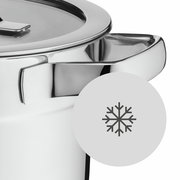 Nahaufnahme eines Topfes aus Edelstahl mit Deckel und Griff, seitliche Perspektive, mit einem Schneeflockensymbol im Vordergrund.