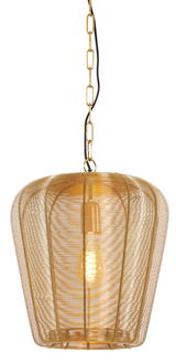 Goldene Hängeleuchte mit Drahtgeflecht, seitliche Perspektive, beleuchtet.