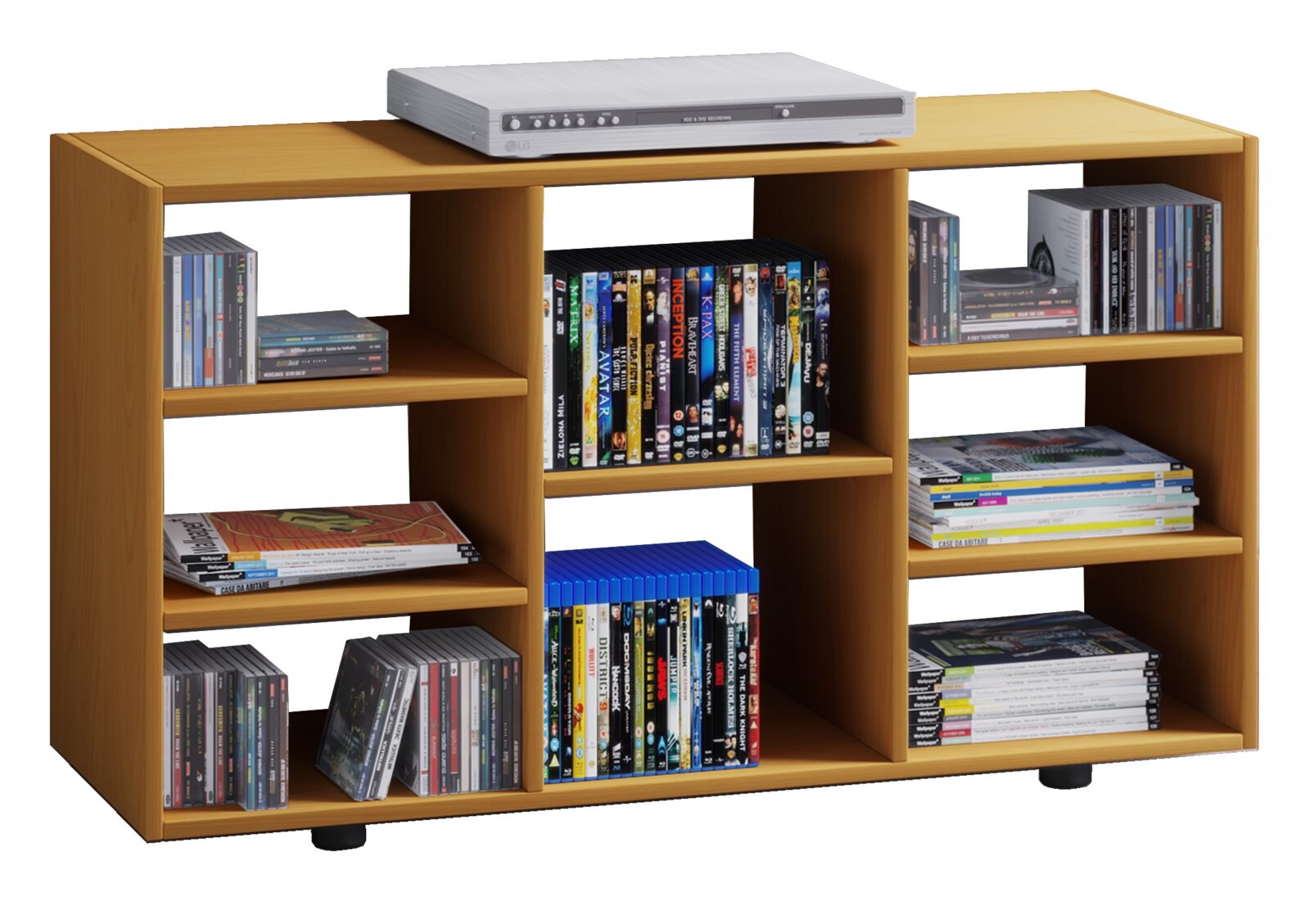 Modernes, niedriges Medienregal/TV-Lowboard in heller Holzoptik mit mehreren offenen Fächern, gefüllt mit CDs, DVDs und Zeitschriften, oben steht ein silberner DVD-Player; Ansicht schräg von vorn.