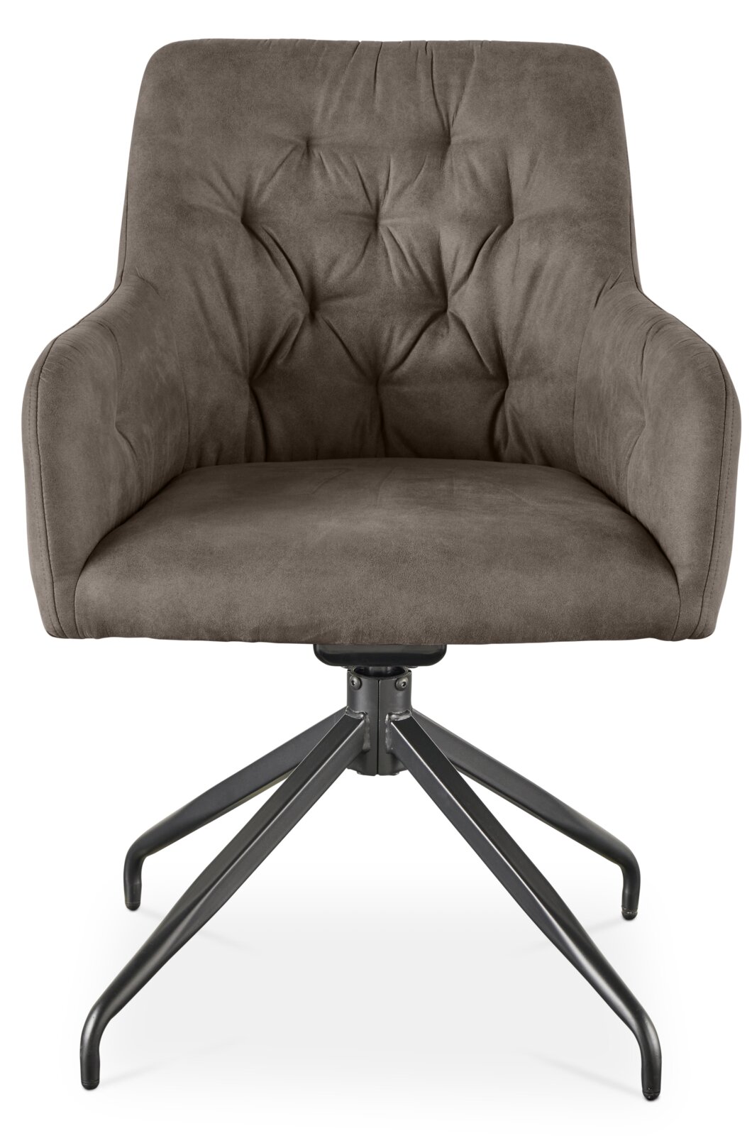 Grijze fauteuil met gestoffeerde zitting en rugleuning, op een zwart metalen onderstel, vooraanzicht