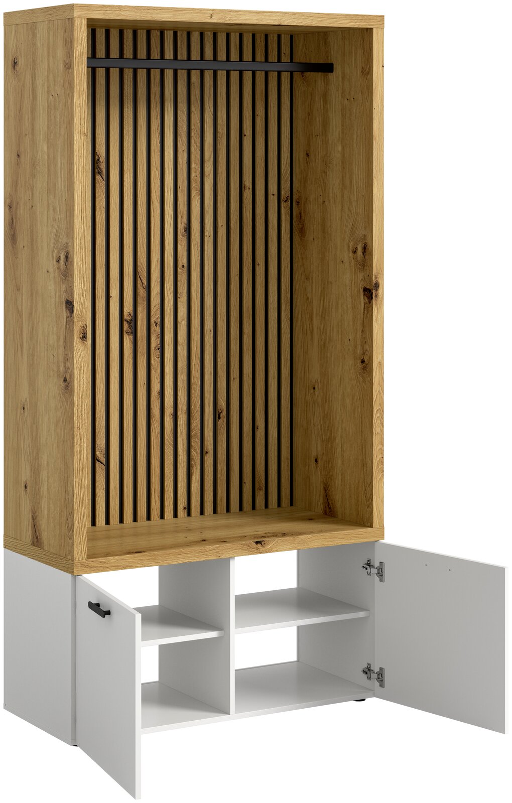Kompaktgarderobe aus Holz mit offenen Regalfächern und zwei geöffneten weißen Türen, Frontalansicht