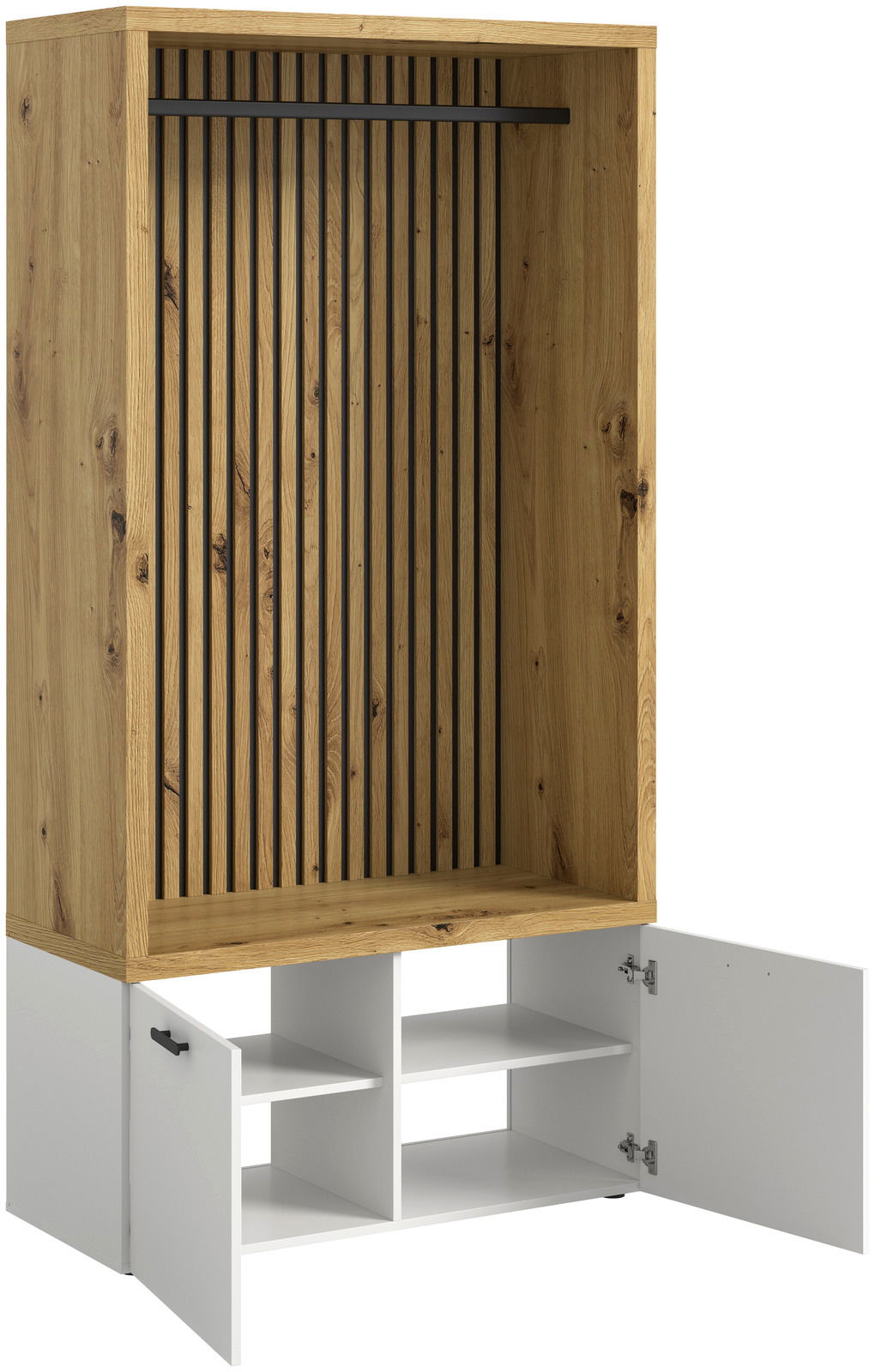 Kompaktgarderobe aus Holz mit offenen Regalfächern und zwei geöffneten weißen Türen, Frontalansicht