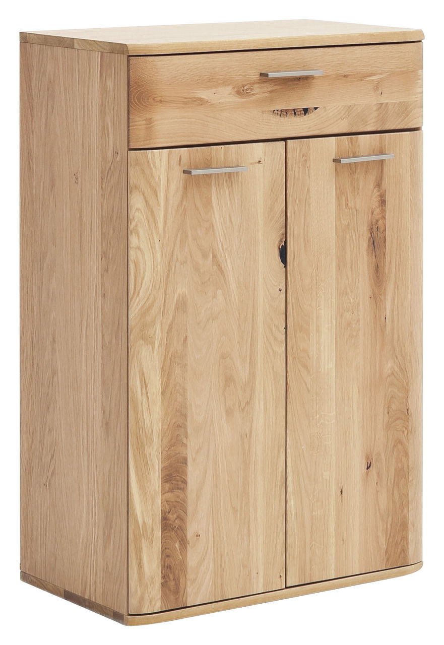 Schuhschrank aus Holz mit zwei Türen und einer Schublade, frontale Perspektive