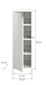 Weiße Kommode mit vier Fächern, Tür leicht geöffnet, seitliche Perspektive, Maße: 99 cm hoch, 30 cm breit, 34 cm tief