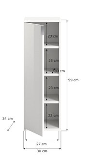 Weiße Kommode mit vier Fächern, Tür leicht geöffnet, seitliche Perspektive, Maße: 99 cm hoch, 30 cm breit, 34 cm tief