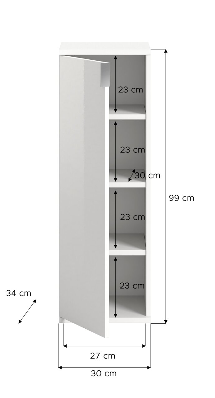 Weiße Kommode mit vier Fächern, Tür leicht geöffnet, seitliche Perspektive, Maße: 99 cm hoch, 30 cm breit, 34 cm tief