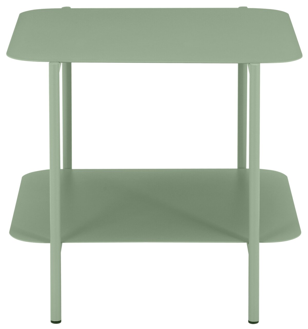 Grüner Beistelltisch mit zwei Ebenen, frontal betrachtet