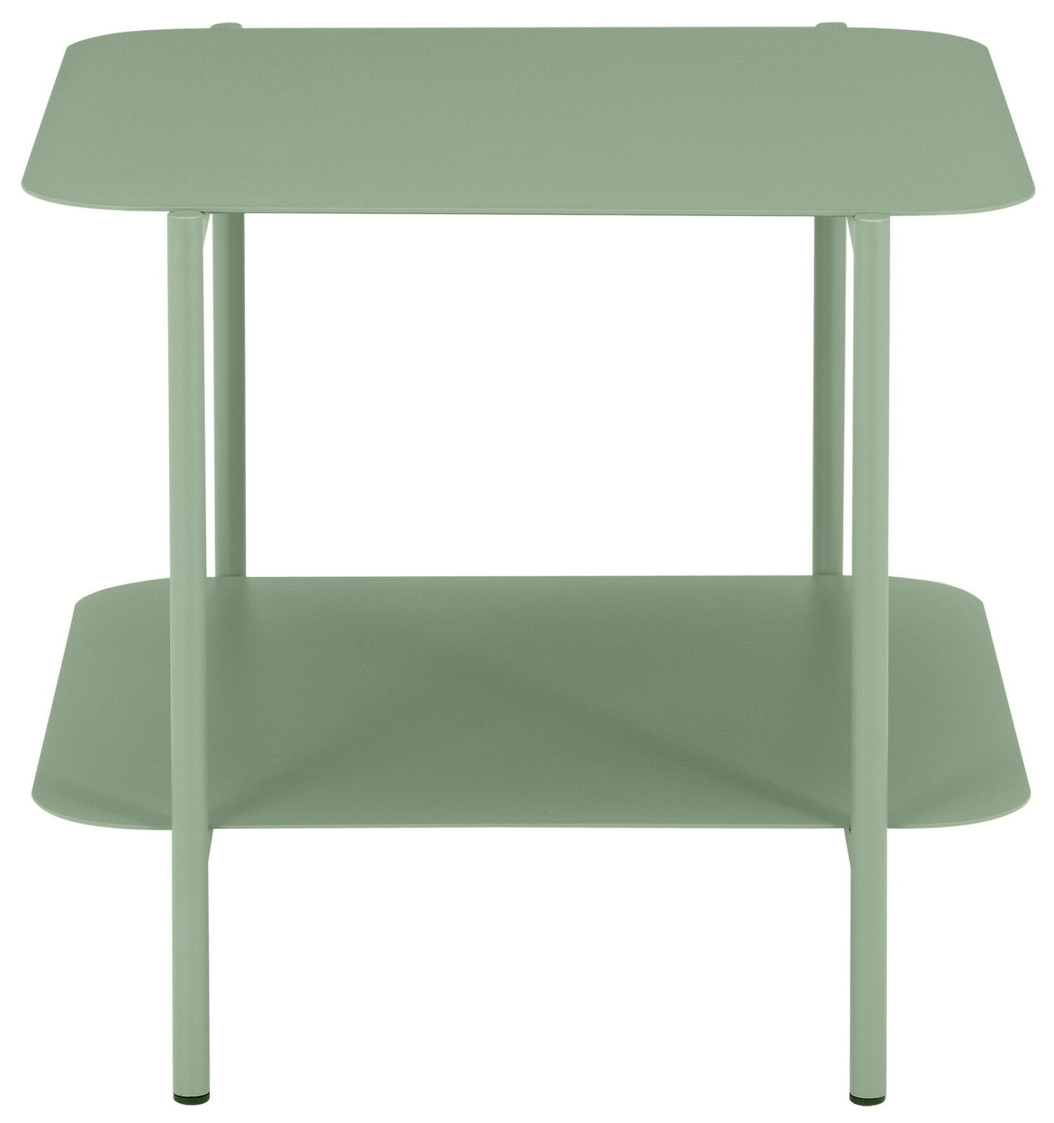 Grüner Beistelltisch mit zwei Ebenen, frontal betrachtet