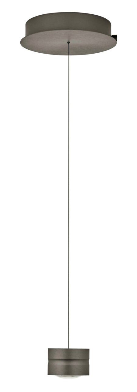 Moderne LED-Pendelleuchte MIKA in seitlicher Ansicht mit schlichtem, zylindrischem Design und dunkler Oberfläche.