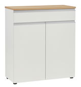 Weiße Kombi-Kommode mit Holzoberfläche, Frontansicht