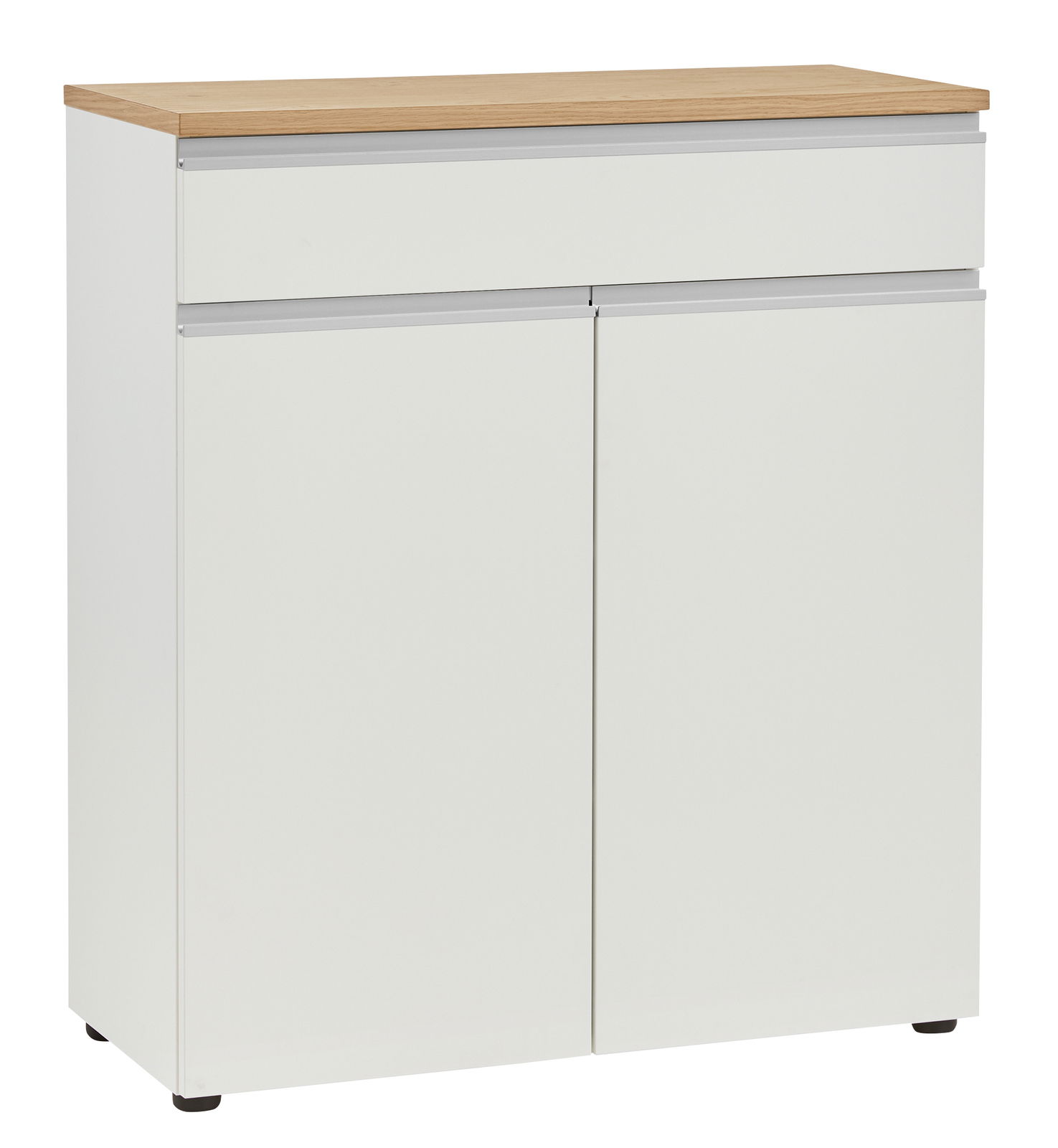 Weiße Kombi-Kommode mit Holzoberfläche, Frontansicht