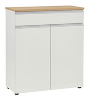 Weiße Kombi-Kommode mit Holzoberfläche, Frontansicht