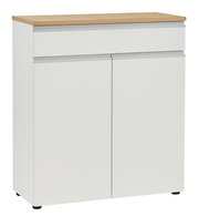 Weiße Kombi-Kommode mit Holzoberfläche, Frontansicht