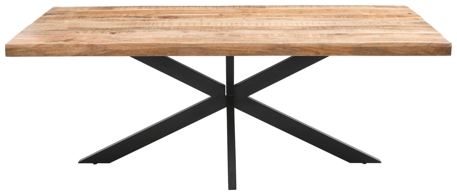 Moderner Esstisch mit Holzplatte und schwarzem Metallgestell, Frontalansicht