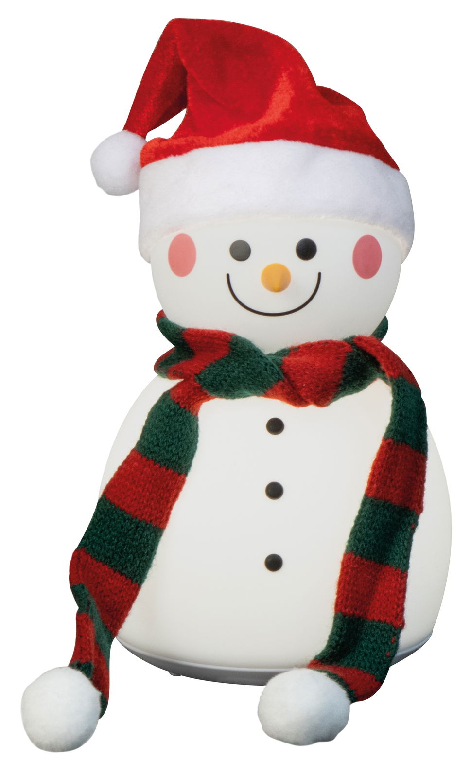Vorderansicht einer Akku-Tischleuchte in Form eines Schneemanns mit roter Weihnachtsmütze und gestreiftem Schal.