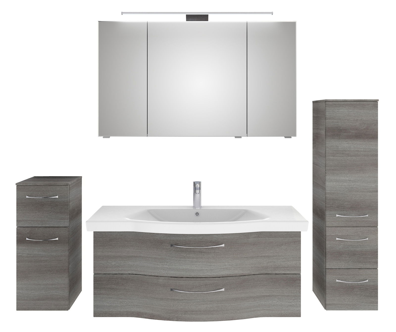 Moderner Badblock in Holzoptik mit Waschbecken, Spiegelschrank und Stauraum, Frontalansicht