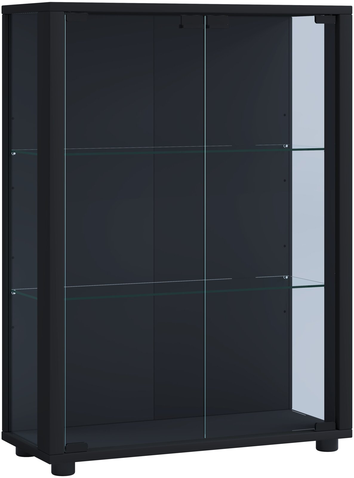 Schwarze Glasvitrine mit zwei Glastüren und zwei Glasböden, freistehend auf Füßen, in frontaler Ansicht leicht von rechts.