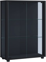Schwarze Glasvitrine mit zwei Glastüren und zwei Glasböden, freistehend auf Füßen, in frontaler Ansicht leicht von rechts.