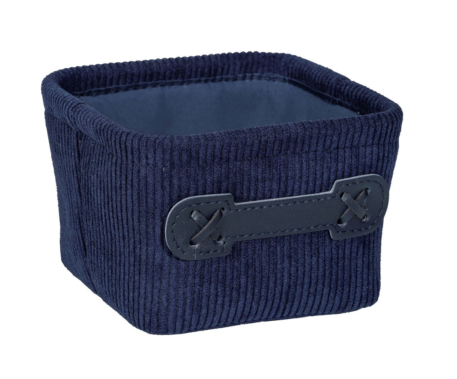 Dunkelblauer, quadratischer Badkorb Anela mini mit seitlichem Griff, aus einer schrägen Perspektive fotografiert.