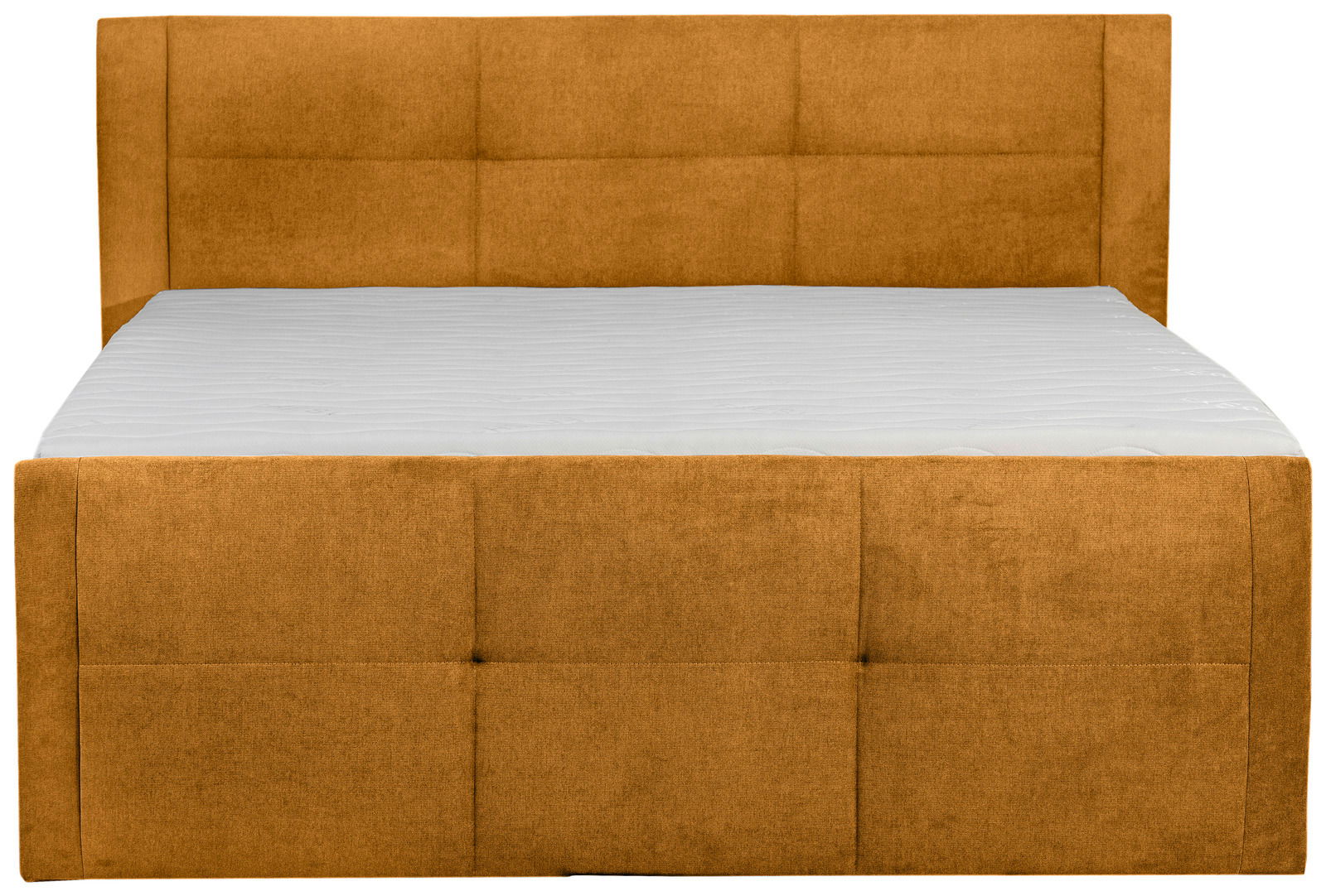 Boxspringbett 180 in senffarbenem Stoff, Frontalansicht