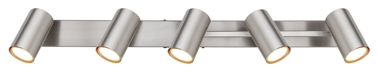 Moderner Strahler mit vier verstellbaren Leuchten in gebürstetem Metall, seitliche Perspektive.