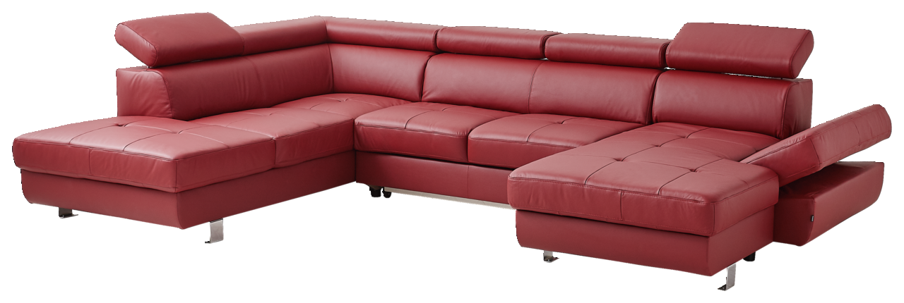 Rote Polsterrundecke TORINO mit Bettfunktion, perspektivisch von vorne links fotografiert. Die Couch hat verstellbare Kopfstützen und eine ausziehbare Bettfunktion.
