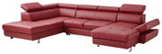 Rote Polsterrundecke TORINO mit Bettfunktion, perspektivisch von vorne links fotografiert. Die Couch hat verstellbare Kopfstützen und eine ausziehbare Bettfunktion.