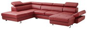 Rote Polsterrundecke TORINO mit Bettfunktion, perspektivisch von vorne links fotografiert. Die Couch hat verstellbare Kopfstützen und eine ausziehbare Bettfunktion.