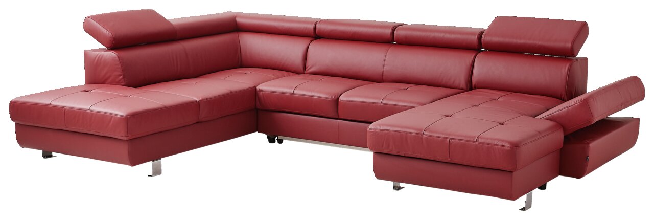 Rote Polsterrundecke TORINO mit Bettfunktion, perspektivisch von vorne links fotografiert. Die Couch hat verstellbare Kopfstützen und eine ausziehbare Bettfunktion.