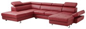 Rote Polsterrundecke TORINO mit Bettfunktion, perspektivisch von vorne links fotografiert. Die Couch hat verstellbare Kopfstützen und eine ausziehbare Bettfunktion.