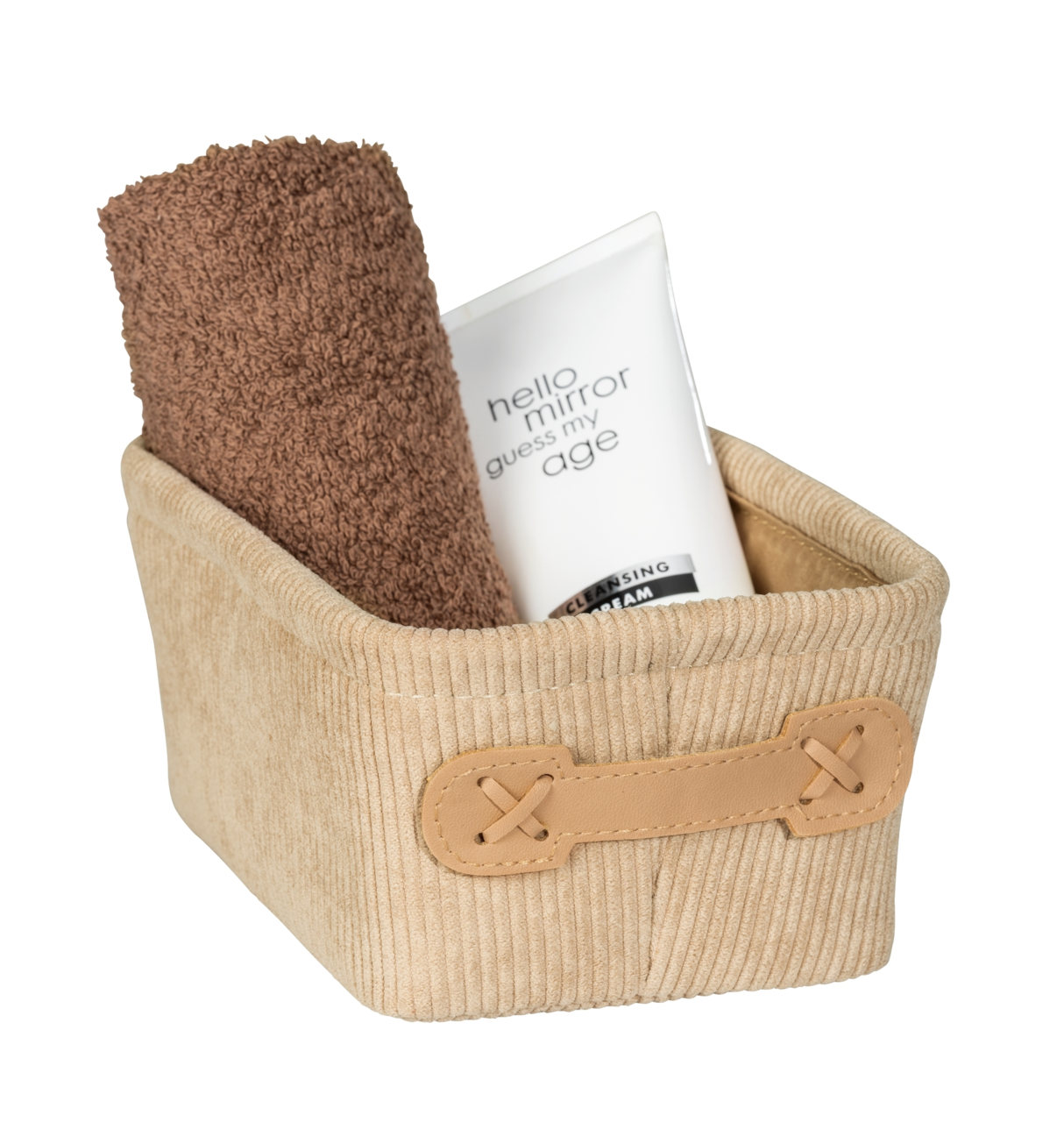 Wenko Badkorb ANELA Beiger Badkorb Anela mini, long, mit braunem Handtuch und weißer Tube, seitliche Perspektive