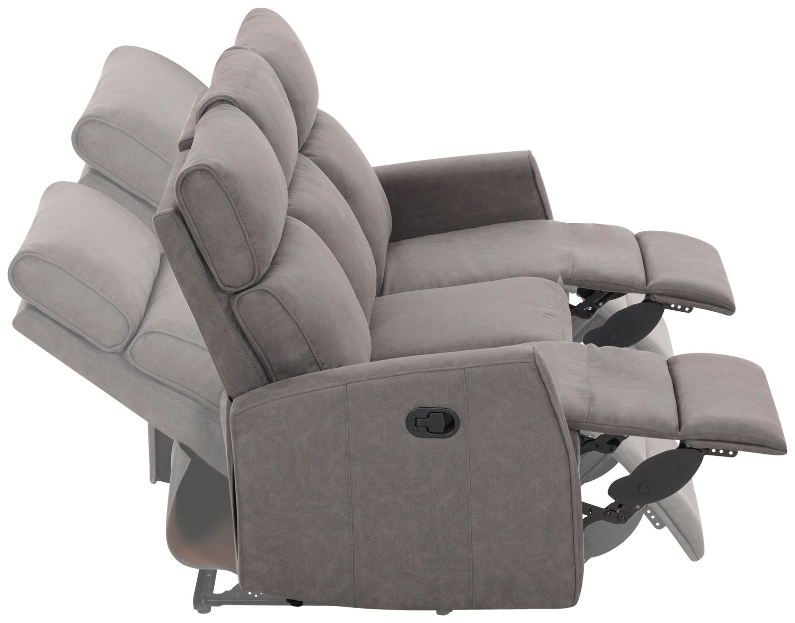 Graues 3-Sitzer-Sofa XORA Polster LIAN mit verstellbaren Rückenlehnen und Fußstützen, seitliche Perspektive