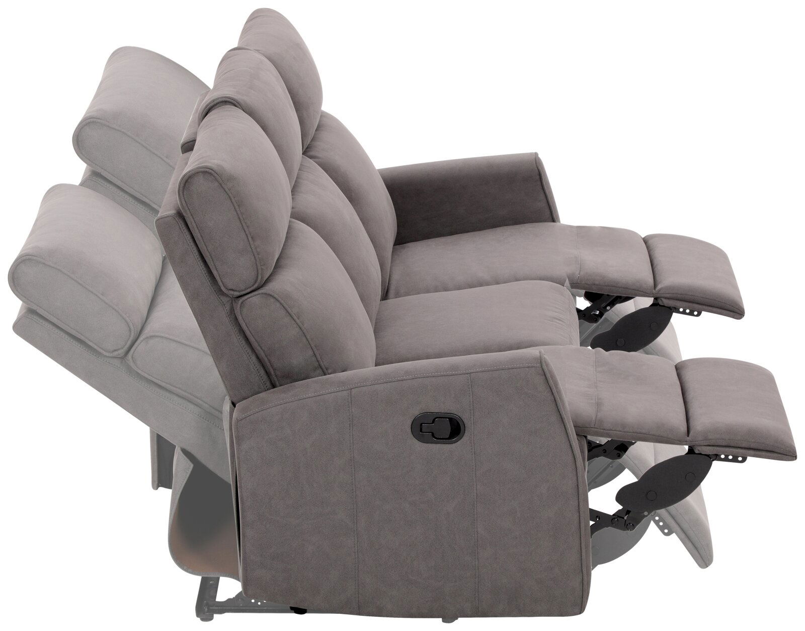 Graues 3-Sitzer-Sofa XORA Polster LIAN mit verstellbaren Rückenlehnen und Fußstützen, seitliche Perspektive