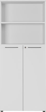 Weißer Aktenschrank mit zwei Türen und einem offenen Regal, Frontalansicht