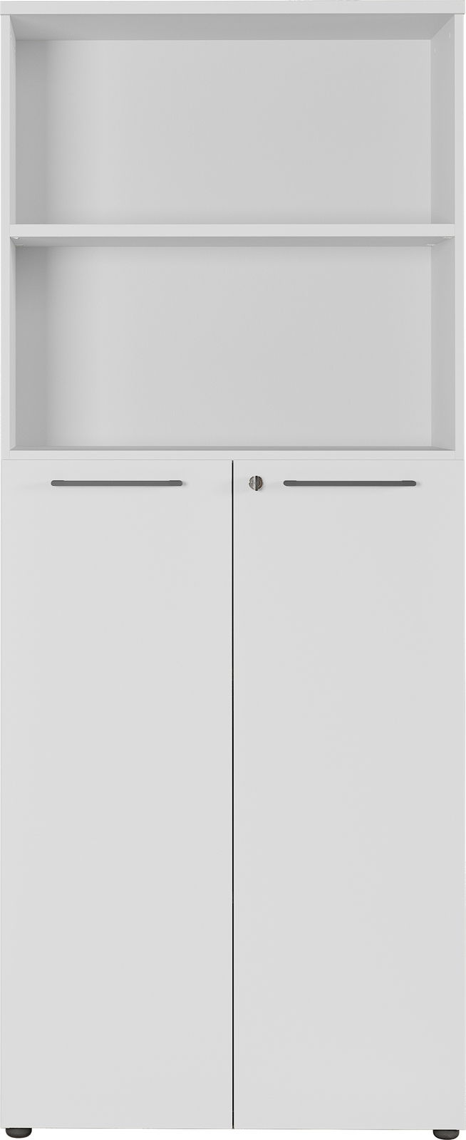 Weißer Aktenschrank mit zwei Türen und einem offenen Regal, Frontalansicht
