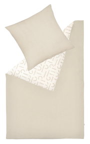 Bettwäsche-Set in Beige mit Kissenbezug und Deckenbezug, von oben fotografiert