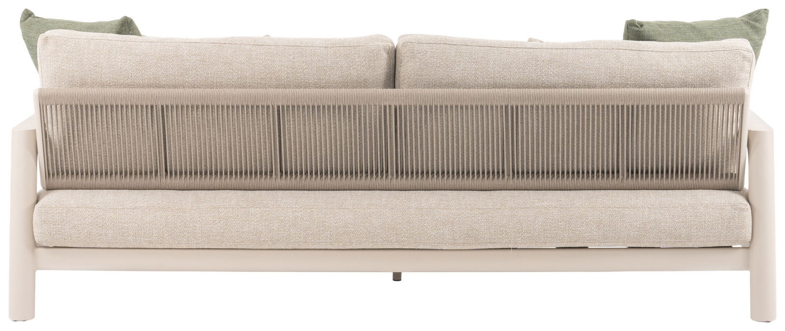 Rückansicht eines 3-Sitzer Loungesofas mit beigem Stoff und grünen Kissen, modernes Design mit geflochtener Rückenlehne.