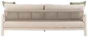 Rückansicht eines 3-Sitzer Loungesofas mit beigem Stoff und grünen Kissen, modernes Design mit geflochtener Rückenlehne.