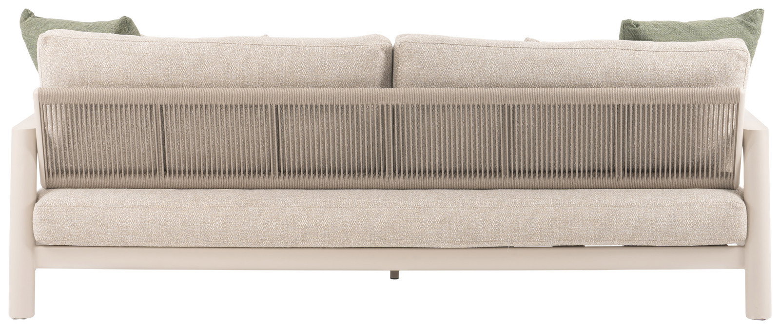 Rückansicht eines 3-Sitzer Loungesofas mit beigem Stoff und grünen Kissen, modernes Design mit geflochtener Rückenlehne.